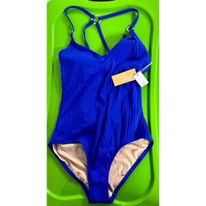 Women's Wide Ribbed Ring Medium Coverage One Piece Swimsuit Kona Sol Blue M 8-10